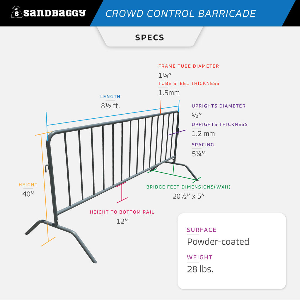 8.5 ft metal crowd control barriers - specs