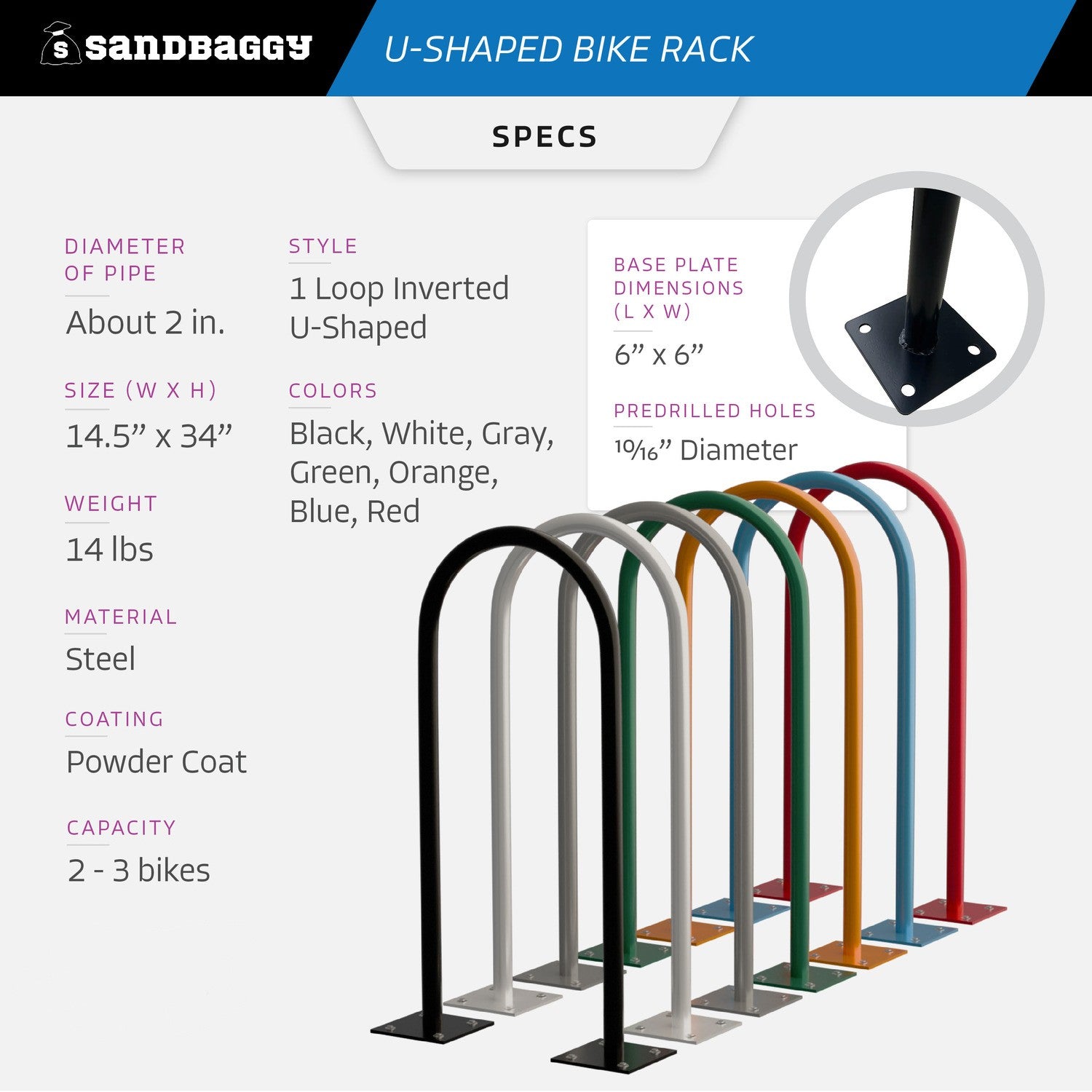 Outdoor Bike Rack | U Bike Rack, In Ground, Commercial - Sandbaggy