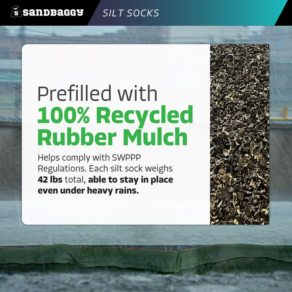 prefilled storm drain filter sock with 100% recycled rubber mulch