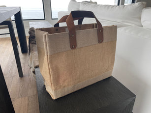 10 inch tall burlap tote bag with leather handles