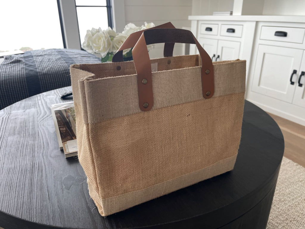 eco friendly jute tote with leather handles