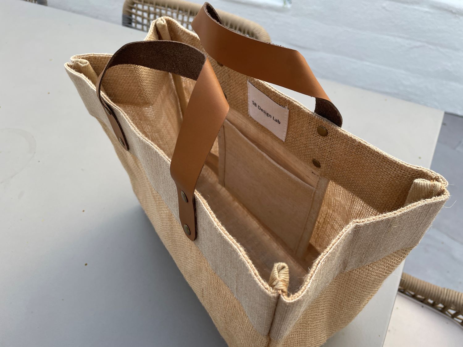 jute tote bag with leather handles