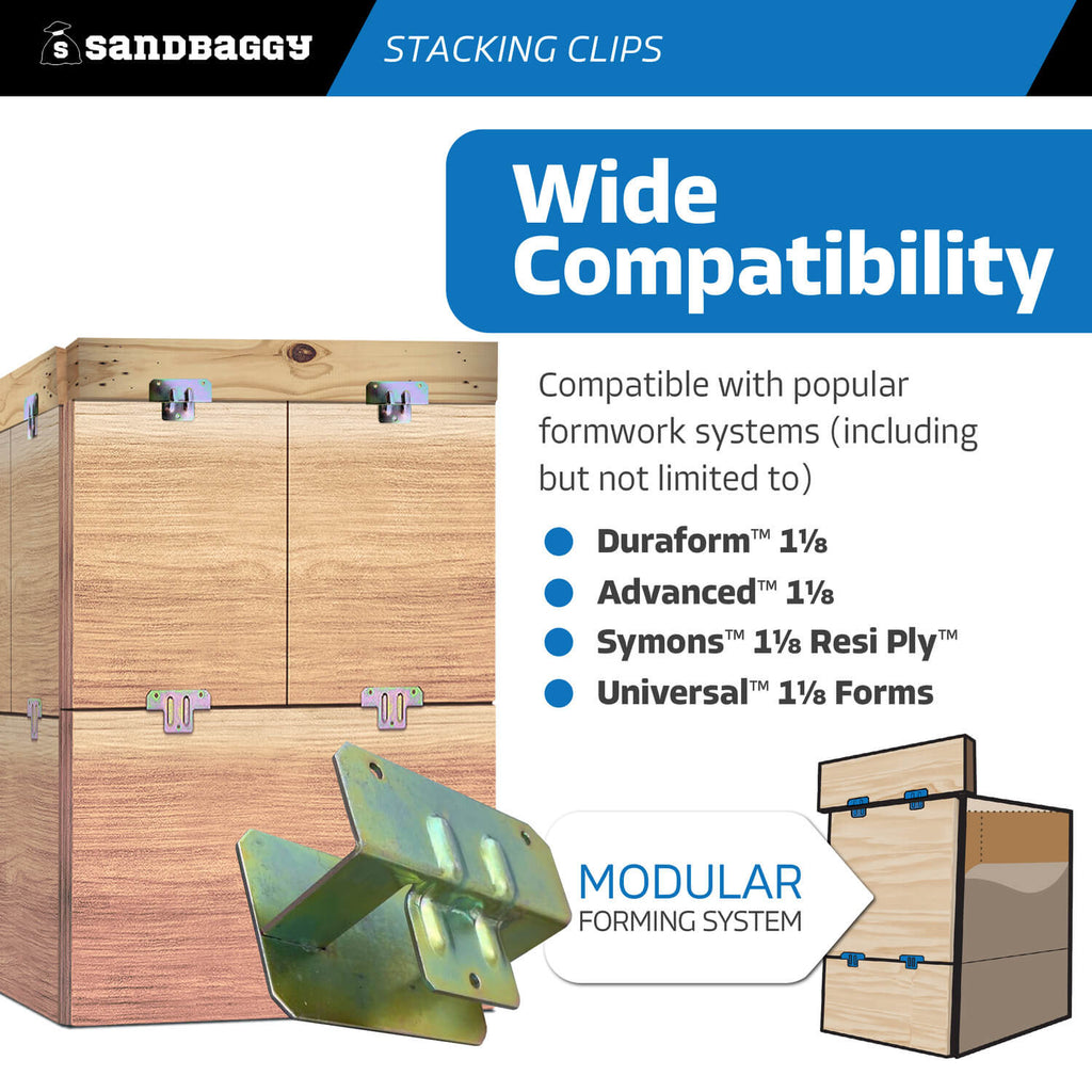 1-1/8" x 1-1/8" stacking clips for modular concrete forming systems