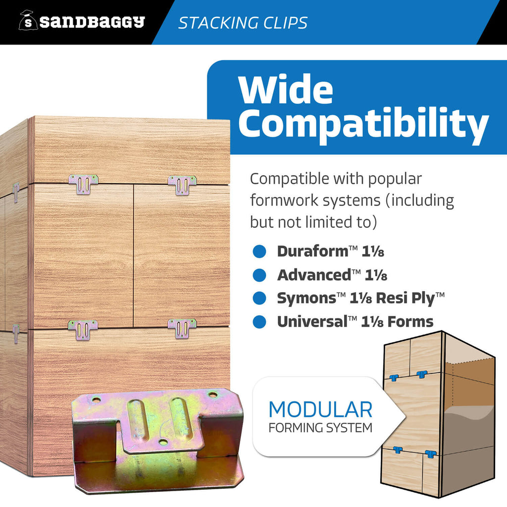 1-1/8" x 1-1/8" stacking clips for modular concrete forms