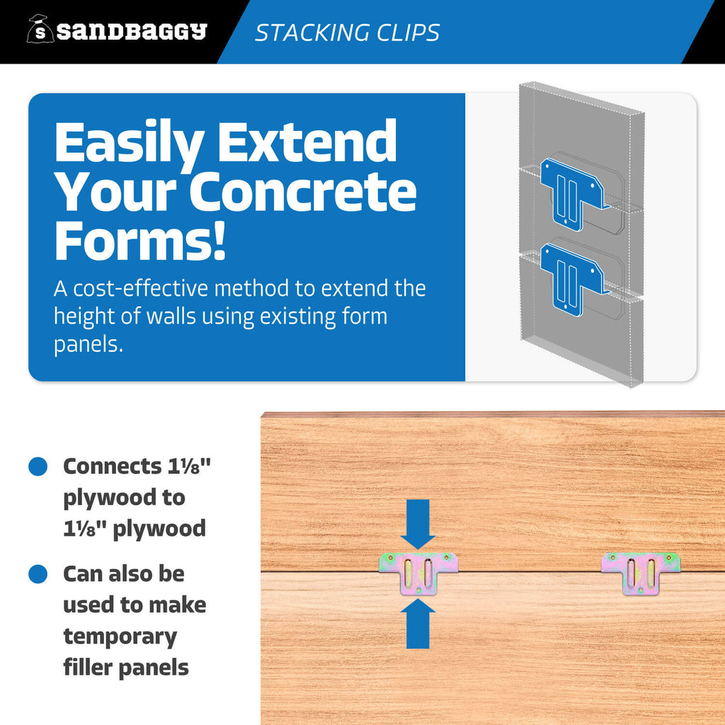 1-1/8" x 1-1/8" stacking clips - extend concrete forms