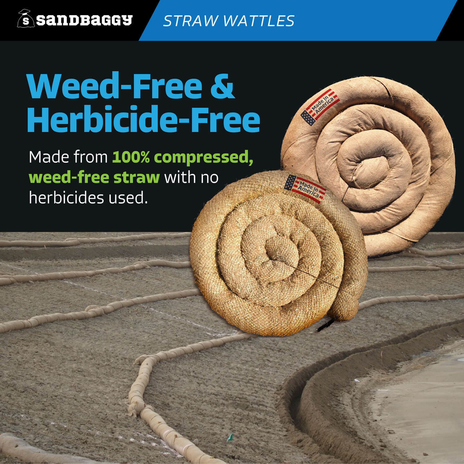 herbicide free straw 25 ft x 9" Straw Wattles for Erosion Control - Weed Free (Made In USA) - 10 rolls - Plastic Net