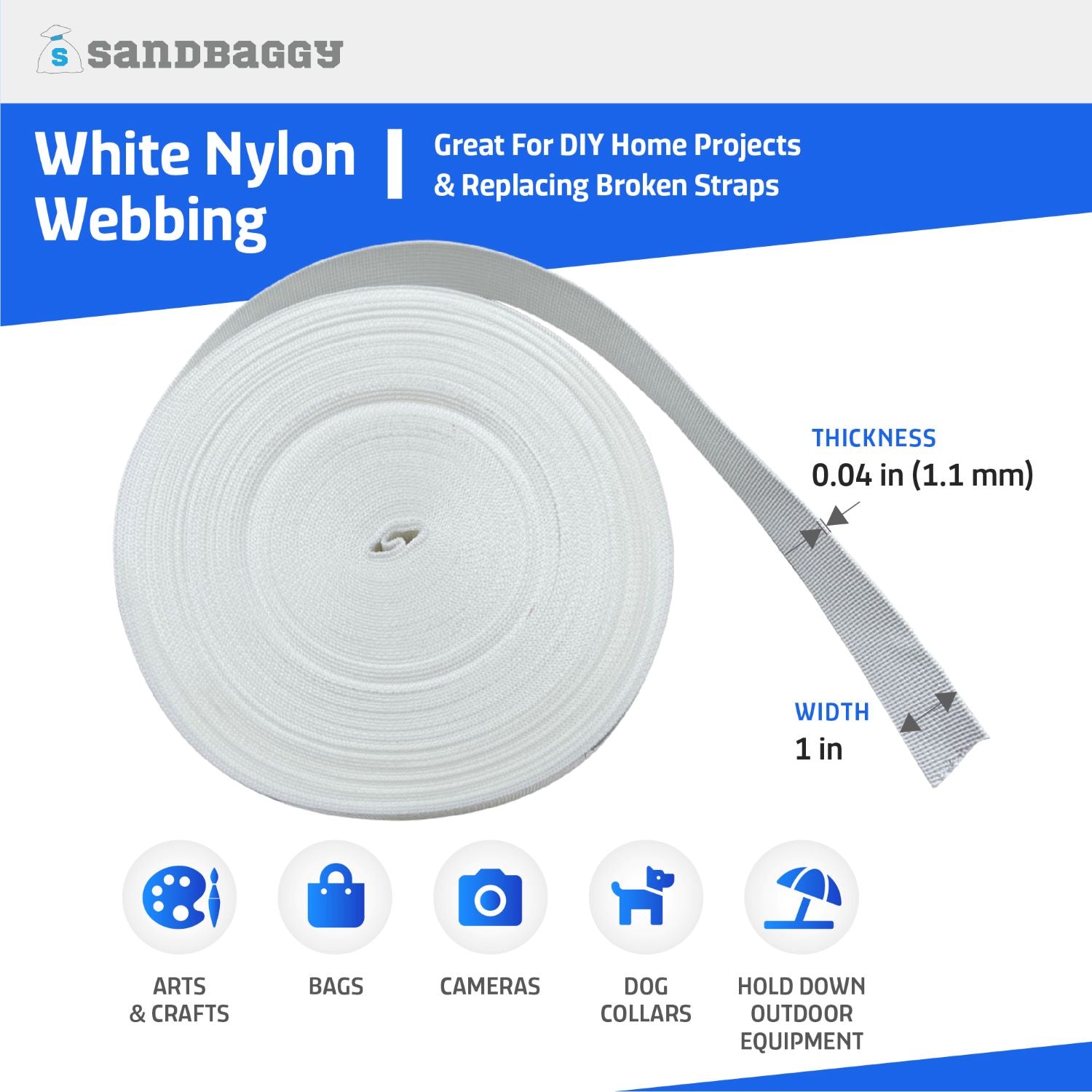 1 Flat Nylon Webbing Straps - White, 25 Yd Roll - Sandbaggy