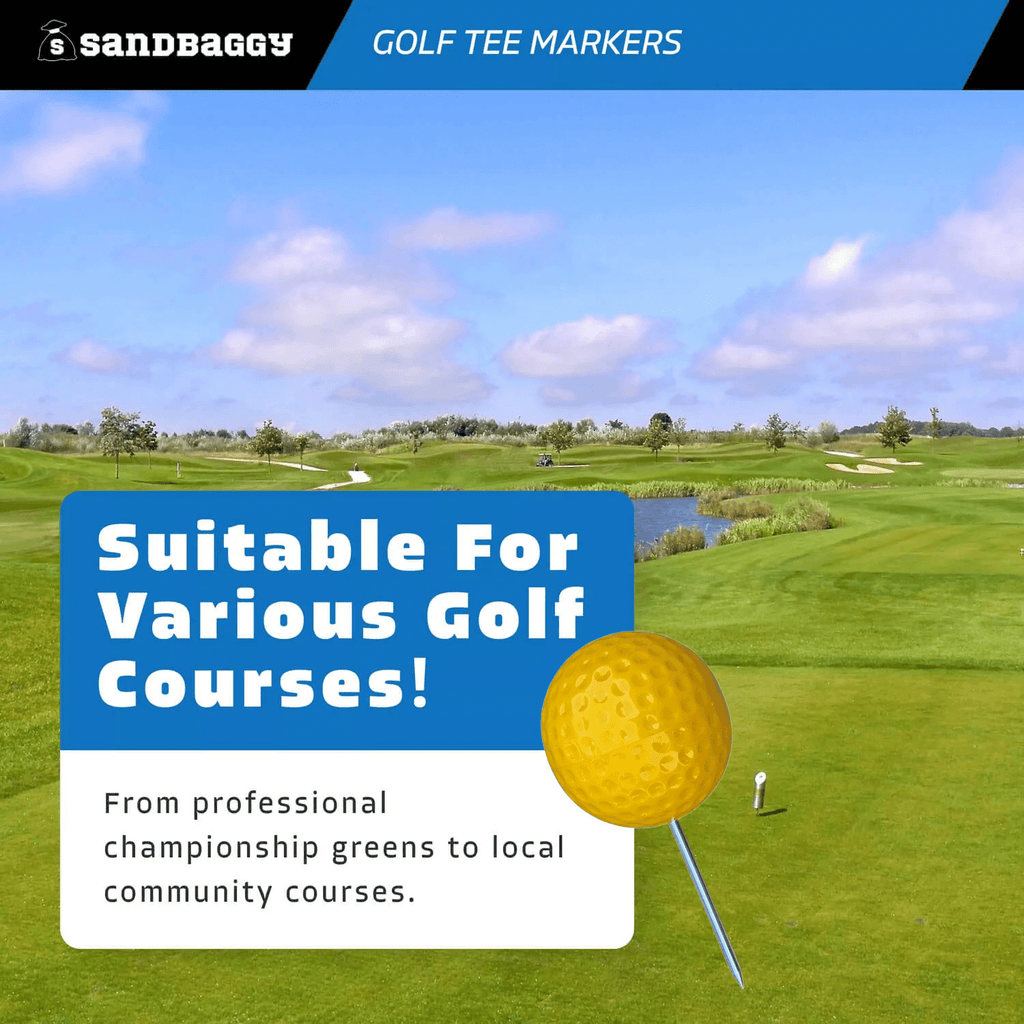 Yellow golf tee marker for various golf courses