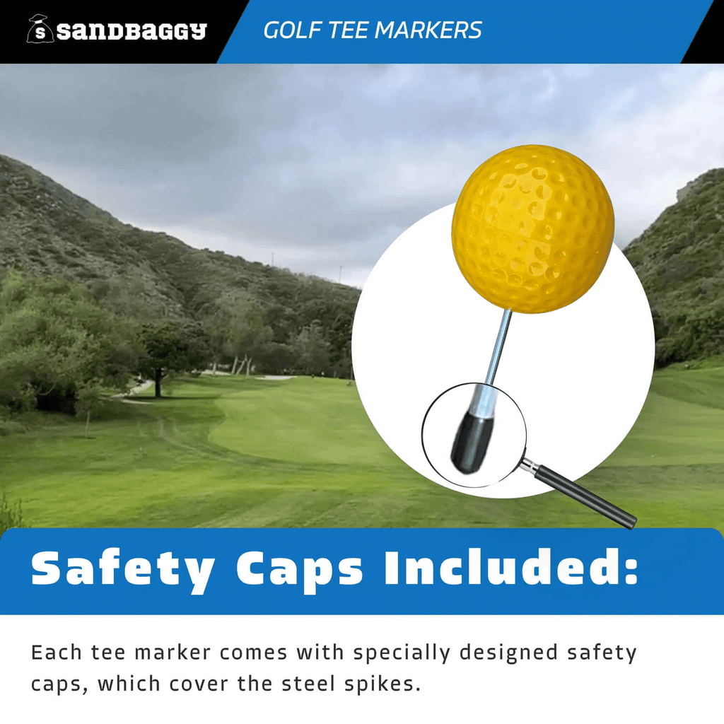 Yellow safety caps included with golf tee marker yellow