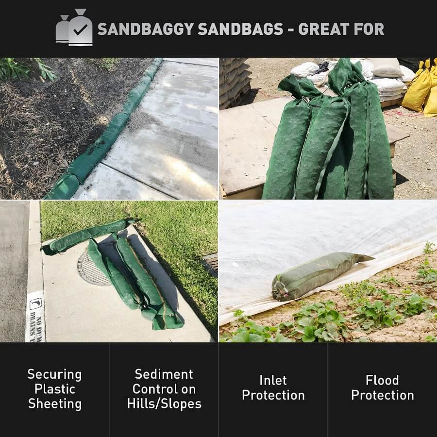 Sandbaggy 11" x 48" tube sandbags are great for securing plastic sheeting, sediment control on hills/slopes, inlet protection, and flood protection.
