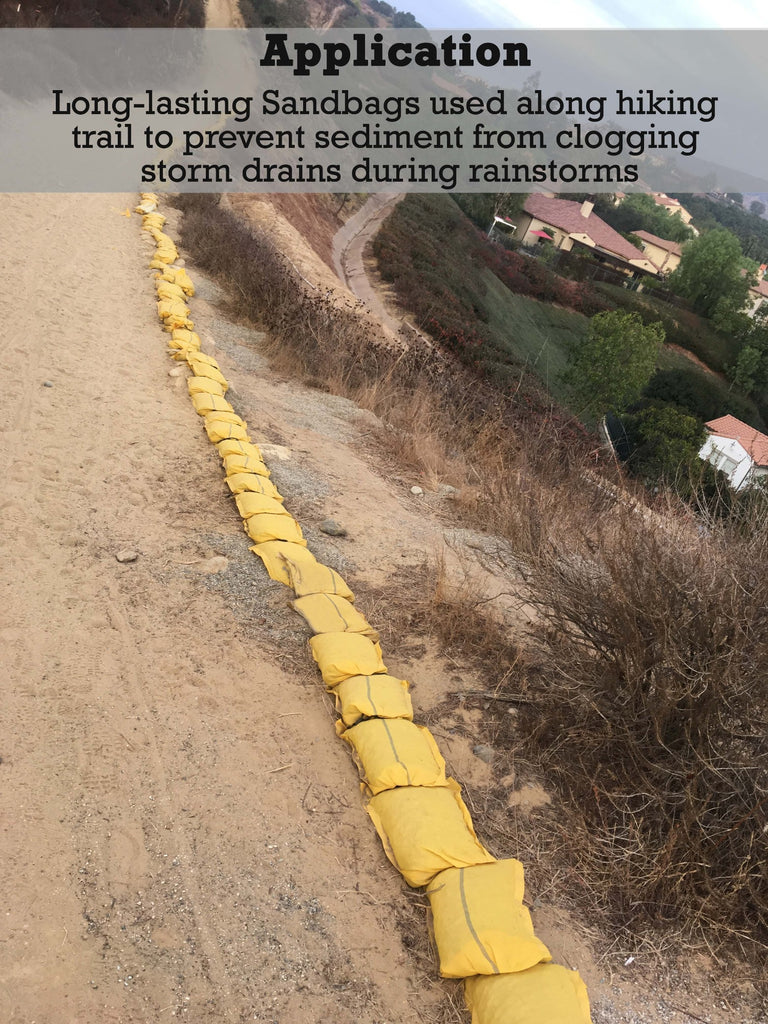 Application: Long-lasting sandbags used along hiking trail to prevent sediment from clogging storm drains during rainstorms