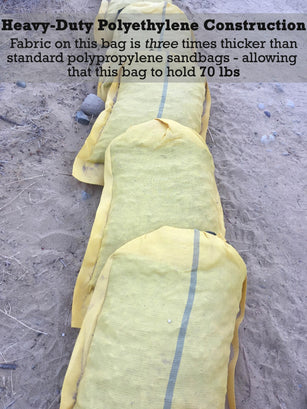 Heavy-duty polyethylene sandbags for rocks and gravel with a 70 lb weight capacity.