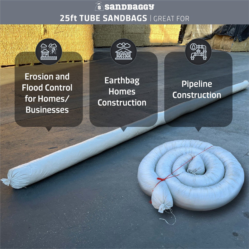 Long Sandbags for erosion control, flood prevention, earthbag homes, and pipeline construction.