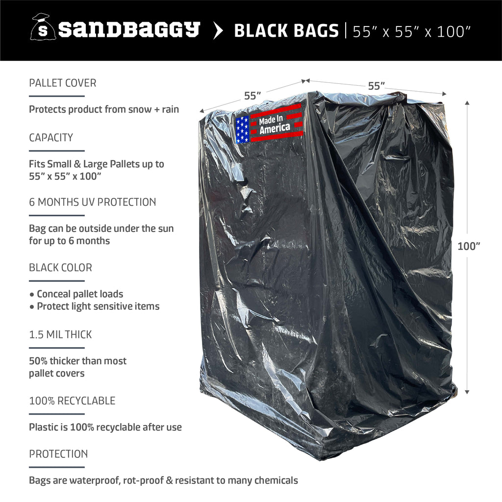 Sandbaggy Black Pallet Covers | Made in USA | Fits EXTRA LARGE Pallets Up to 55" x 55" x 100" | Built w/ UV | 1.5 Mil or 3 Mil Thick