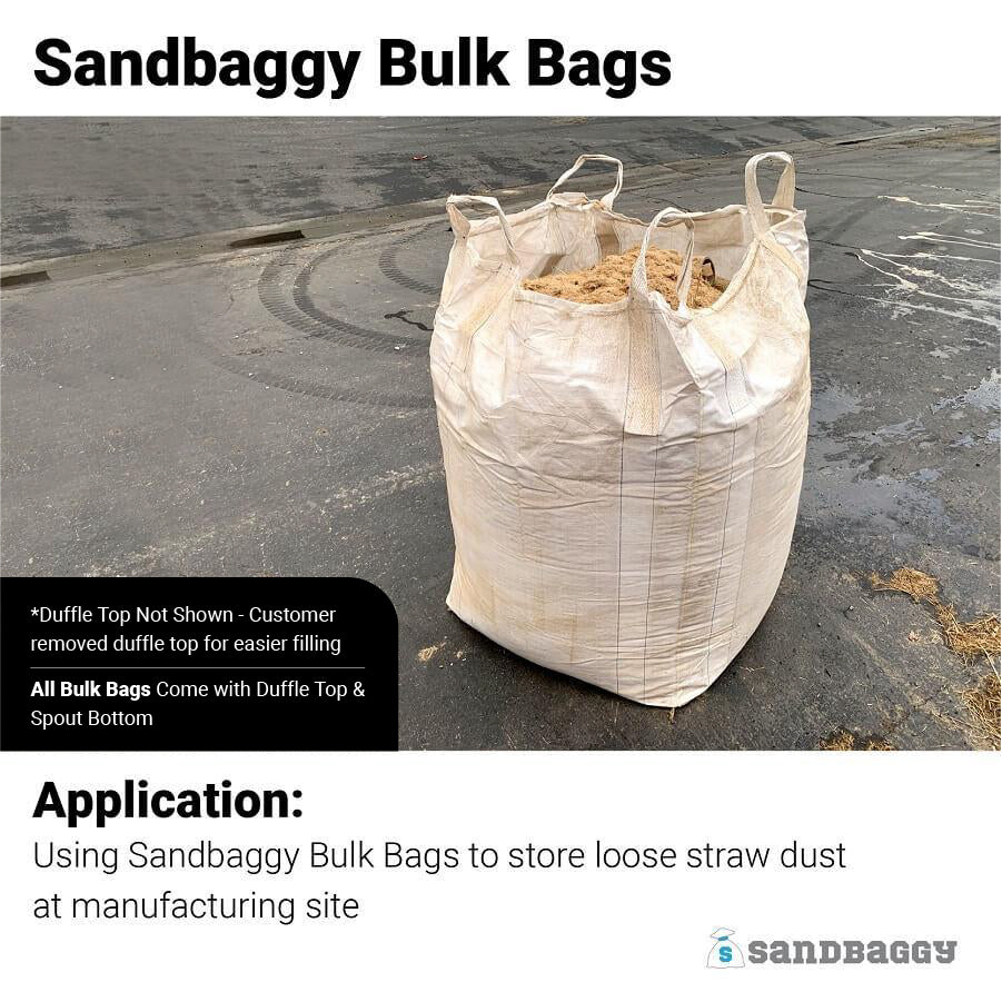 Sandbaggy Bulk Bags Application: Using Sandbaggy Bulk Bags to store loose straw dust at manufacturing site