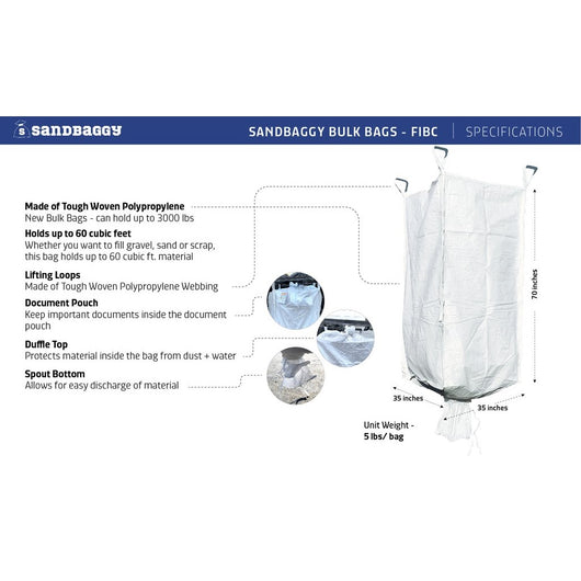 FIBC Heavy Duty Bulk Bags - 3000 lb Capacity - 35 x 35 x 50 – Sandbaggy