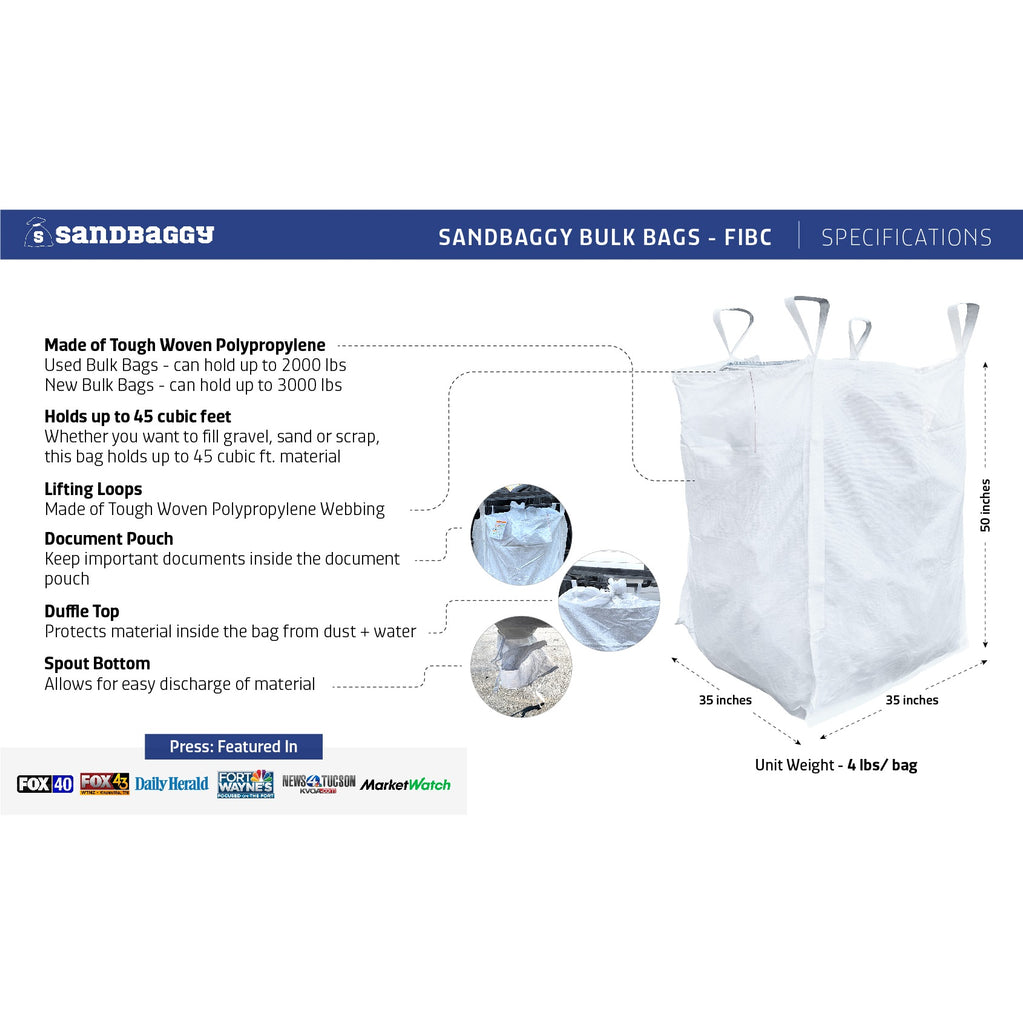 fibc bulk bag specifications can hold 45 cubic feet and 3000 lbs