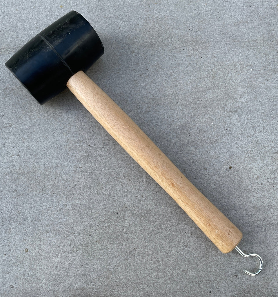 14" long black rubber mallet with tent peg remover