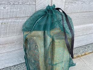 mesh bags with drawstring closure and 50 lb. weight capacity.