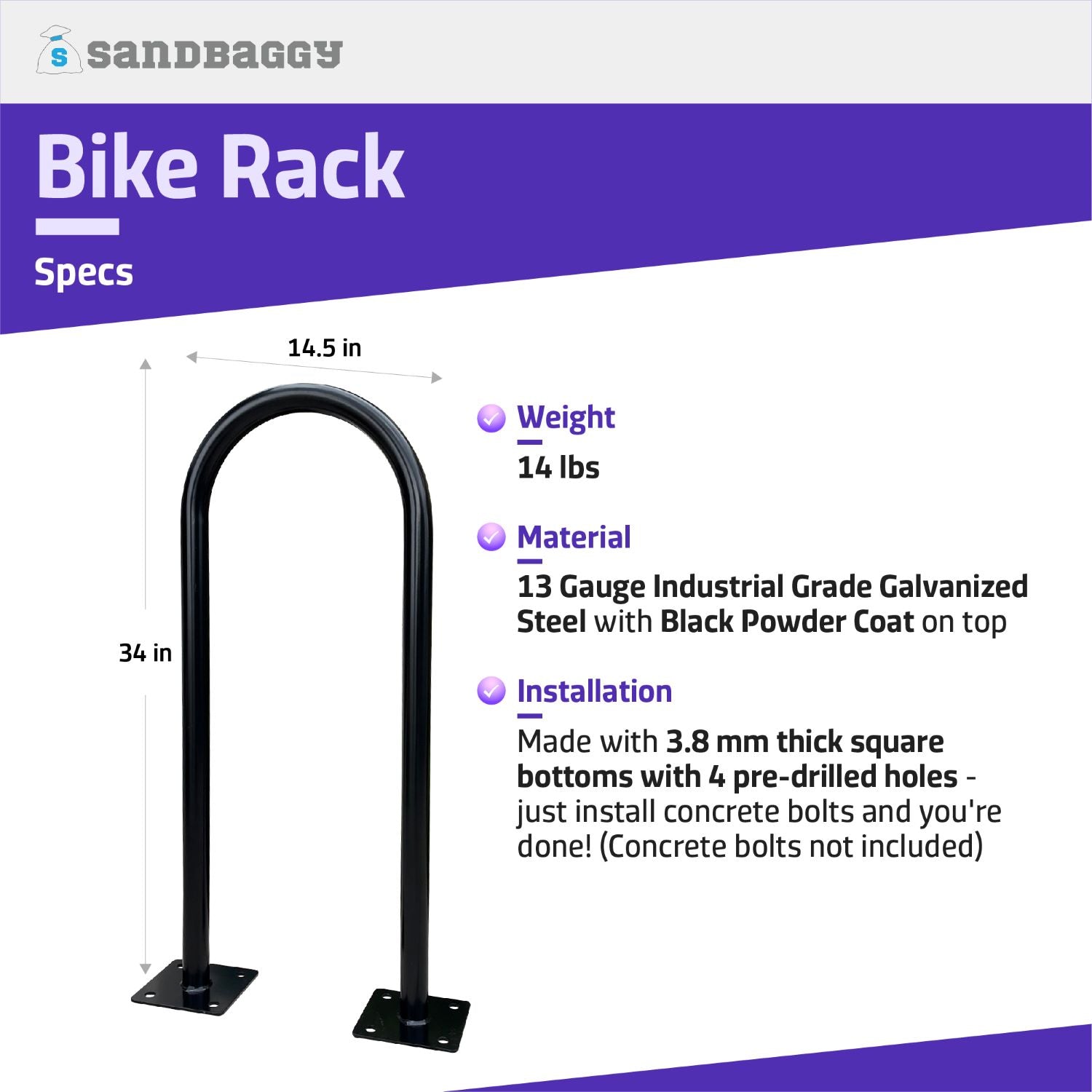 Outdoor Bike Rack | U Bike Rack, In Ground, Commercial (Black) - Sandbaggy