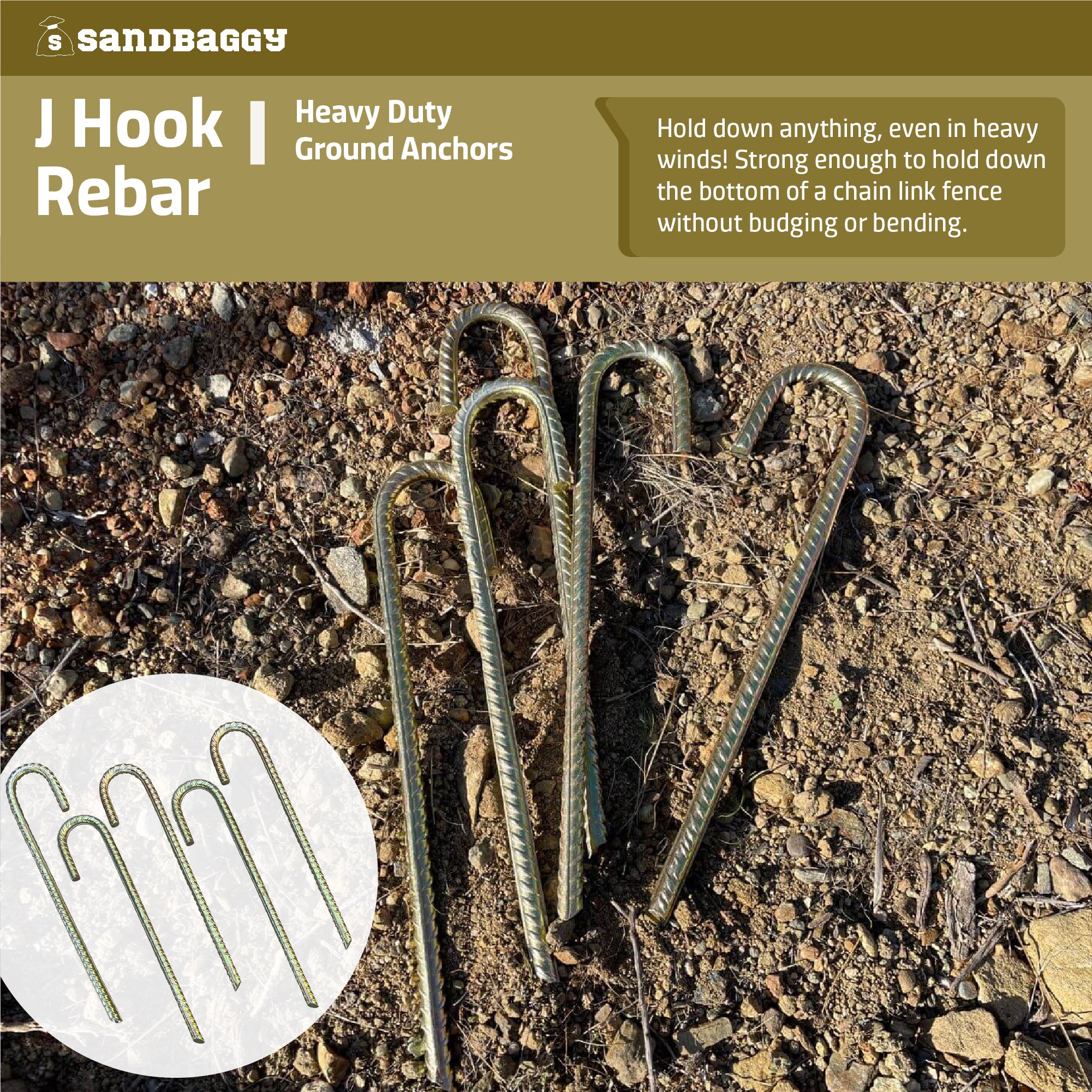 55-Pack 12" Galvanized Rebar Stakes - Heavy Duty J Hook Ground Anchors For Trampolines, Tents & Fences 4 thumbnail image