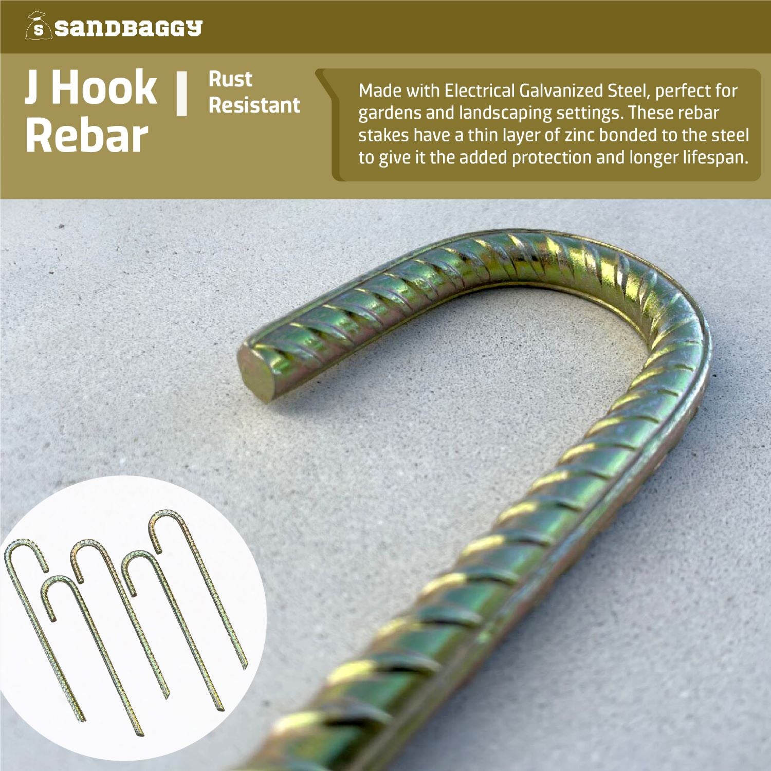 J Hook Rebar Stakes - Galvanized Steel #3 Rebar - Sandbaggy