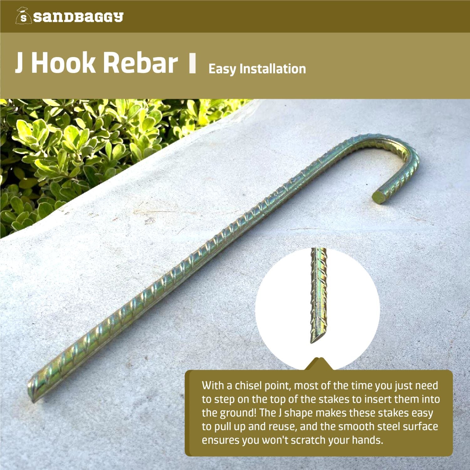 J Hook Rebar Stakes - Galvanized Steel - 12 x 1.5 x 2.8 (#3 Rebar)