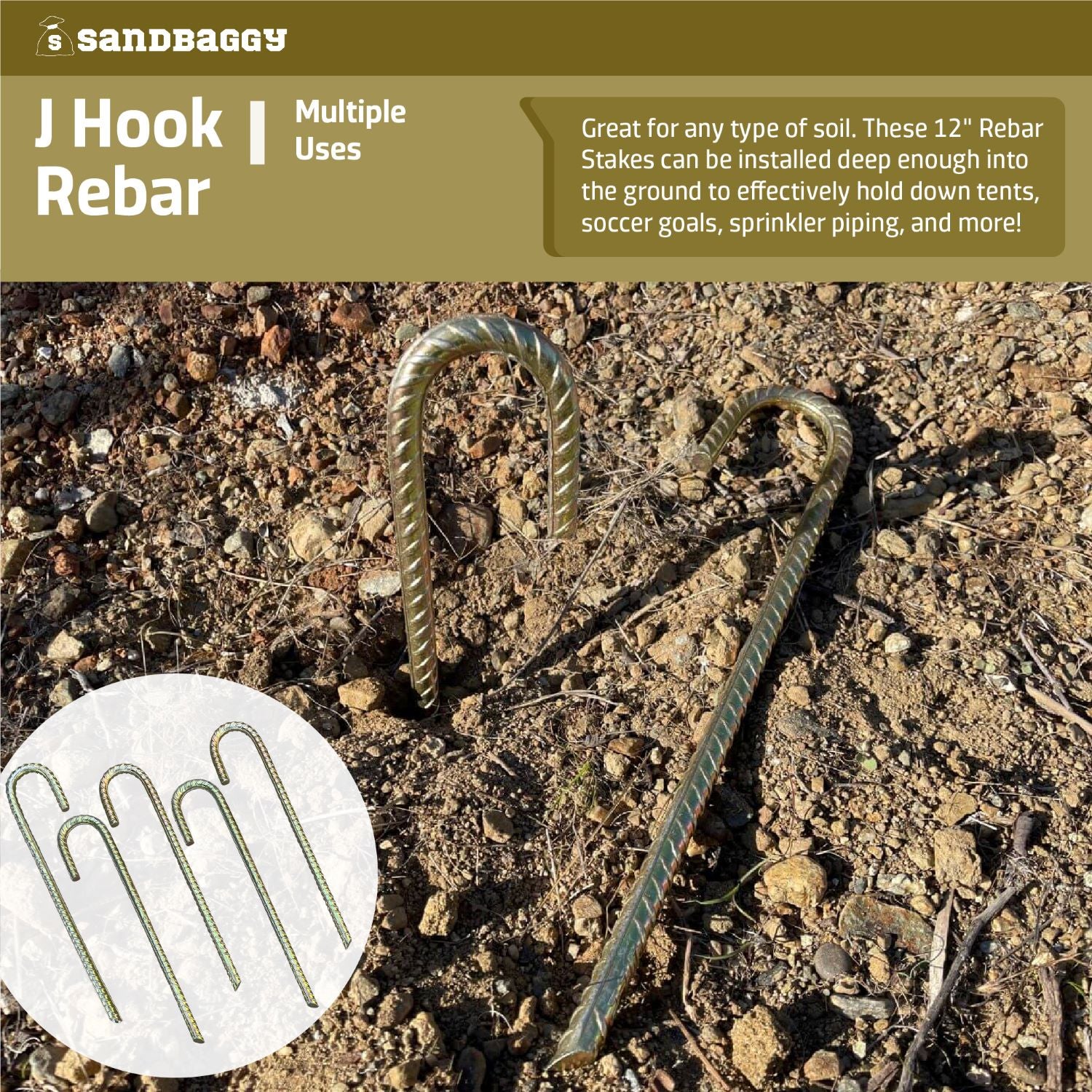 J Hook Rebar Stakes - Galvanized Steel #3 Rebar - Sandbaggy