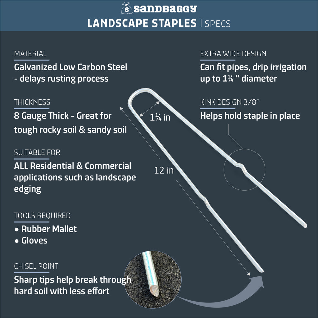 Sandbaggy 12-Inch Kink Landscape Staples | 3/8" Kink Creates Better Hold In Soil | 8 Gauge Garden Stake