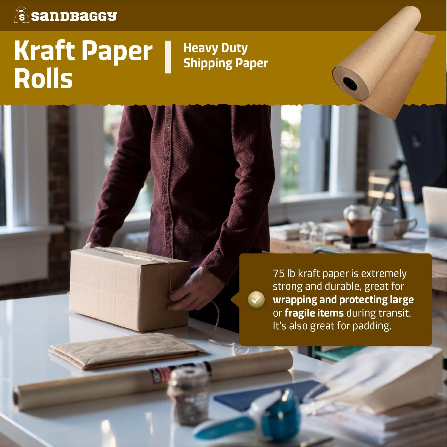 Heavy Duty Kraft Paper Rolls - 75 lb. Recycled Paper (Brown)