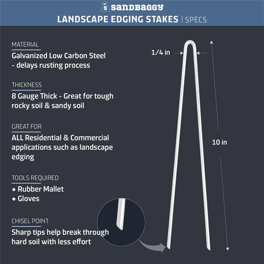 Sandbaggy 10-Inch Steel Landscape Edging Stakes Staples | Sturdier Than Plastic | Works for All Landscape Edging Brands Such As Dimex & Easy Flex