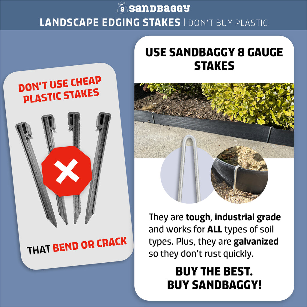 Sandbaggy 10-Inch Steel Landscape Edging Stakes Staples | Sturdier Than Plastic | Works for All Landscape Edging Brands Such As Dimex & Easy Flex