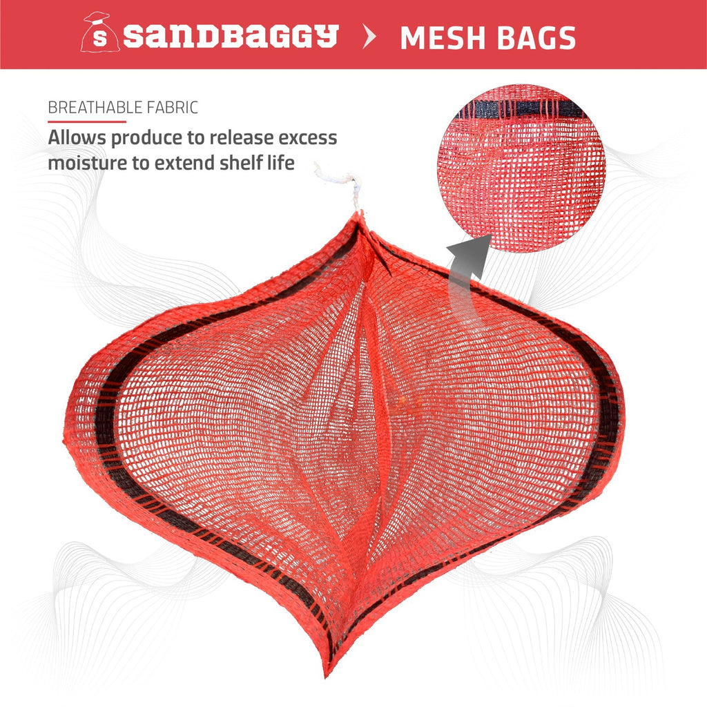 Red mesh onion bags made from a netted poly fabric