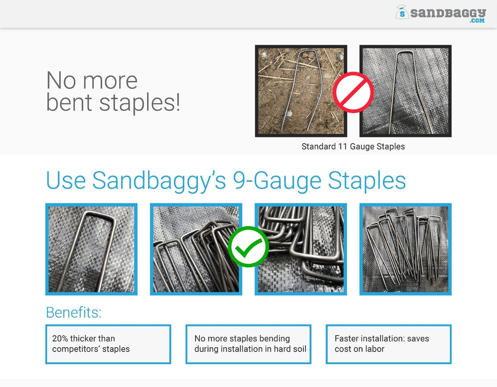 Professional grade 9-Gauge Landscape Staples. Benefits: 20% thicker than competitors' staples. No more staples bending during installation in hard soil.