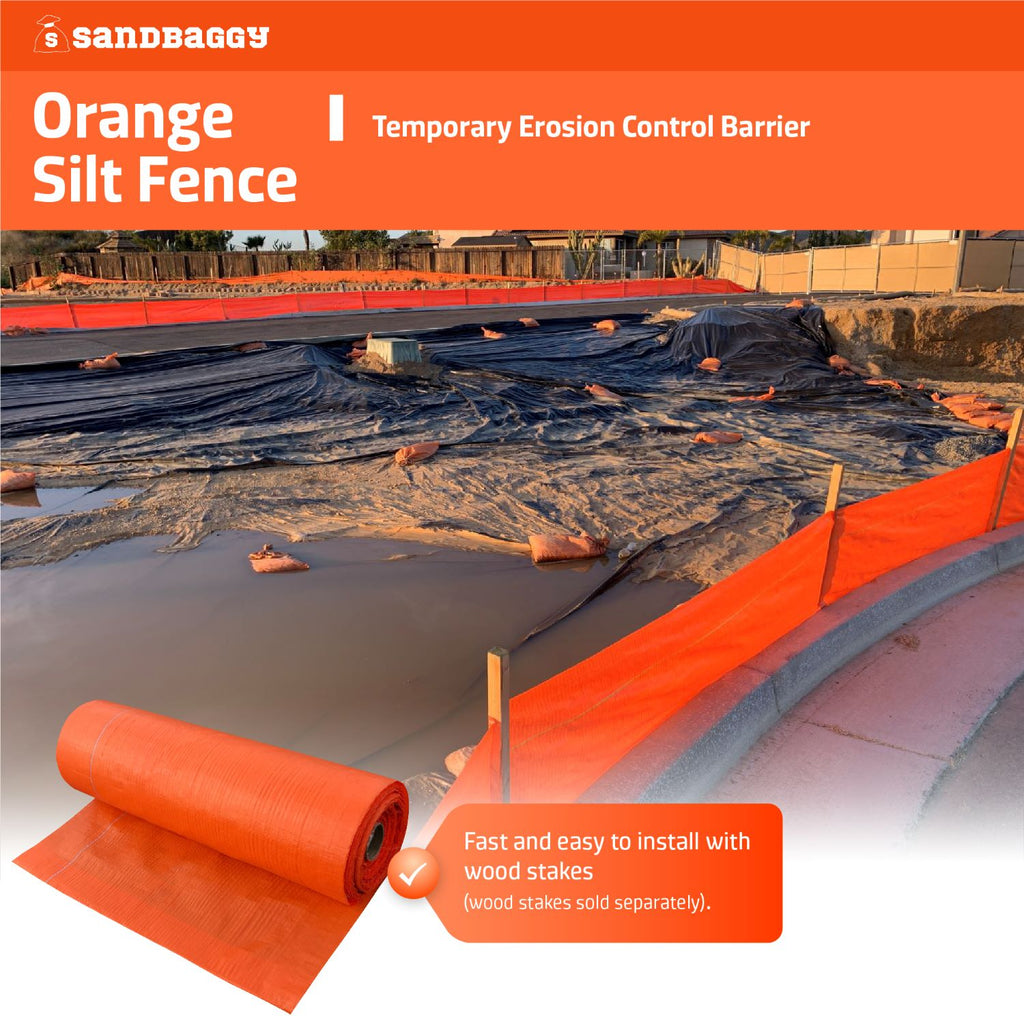 Orange Silt  Fence installed with wood stakes for temporary erosion control barriers