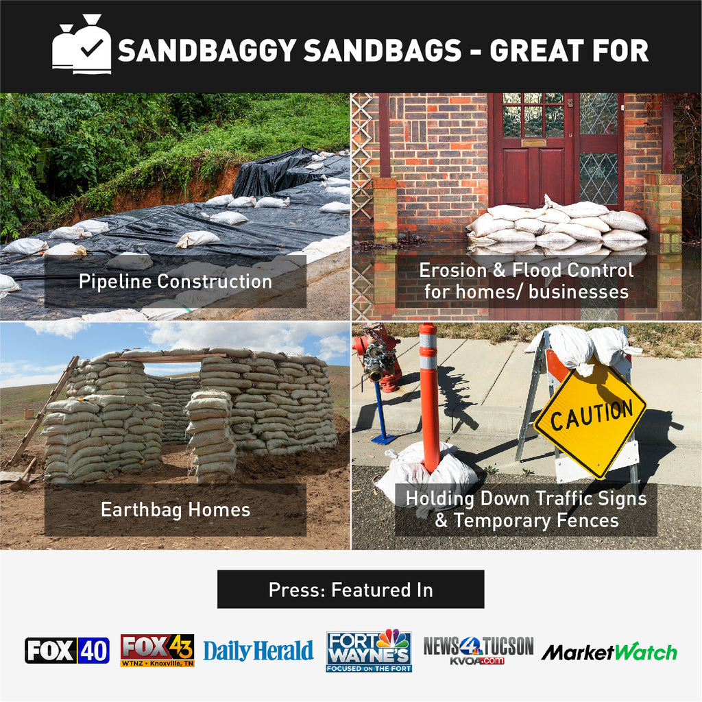 18 in x 30 in Sandbaggy sandbags are great for erosion & flood control for homes/businesses, pipeline construction, earthbag homes, holding down traffic signs & temporary fences
