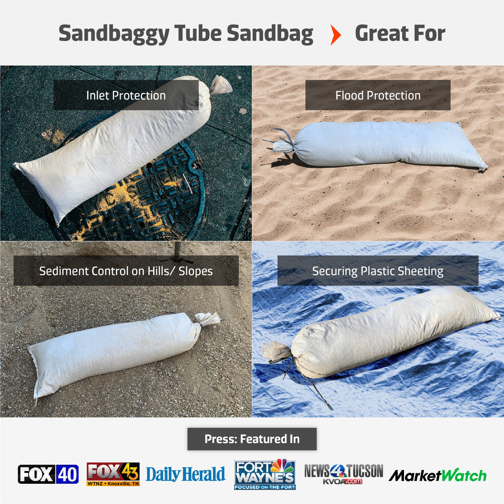 White tube sandbags used for inlet protection, flood protection, sediment, control, and securing plastic sheeting.