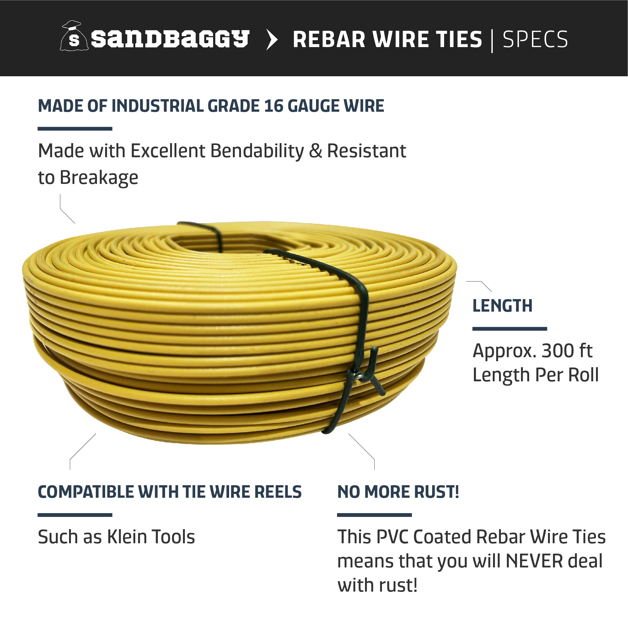 Sandbaggy PVC Coated Rebar Tie Wire Roll 16 Gauge | Yellow Rust-Proof |  Works With Plastic Epoxy Rebar | Approx. 300 ft Roll, 3 lbs Pack of 1 