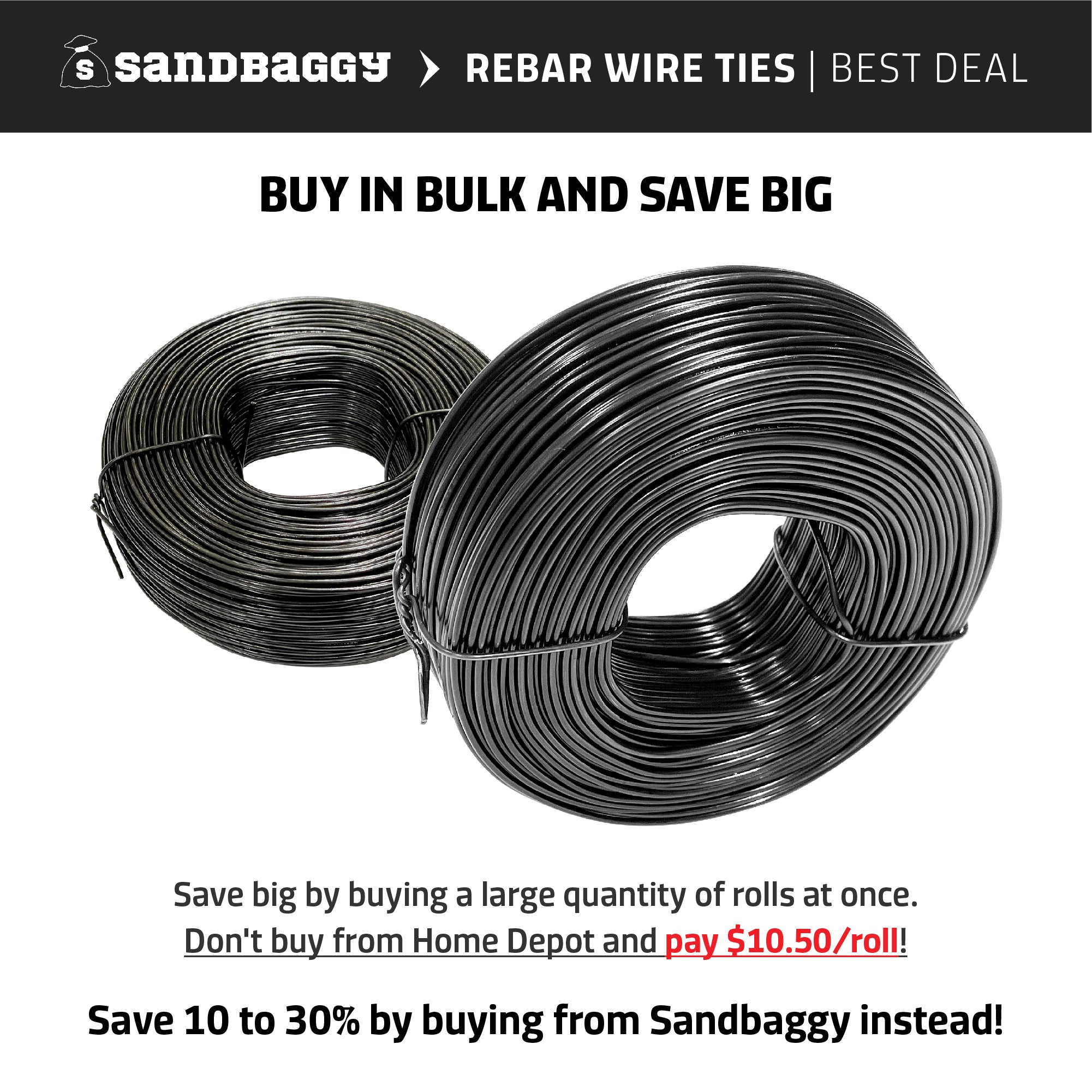 Rebar Tie Wire Roll 16 Gauge  Black, Steel, 330 ft - Sandbaggy