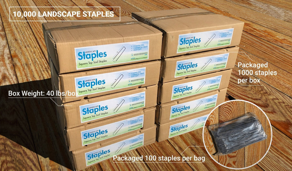 10,000 6-inch Landscape Staples: box weight (40 lbs/box), packaged 1000 staples per box, packaged 100 staples per bag