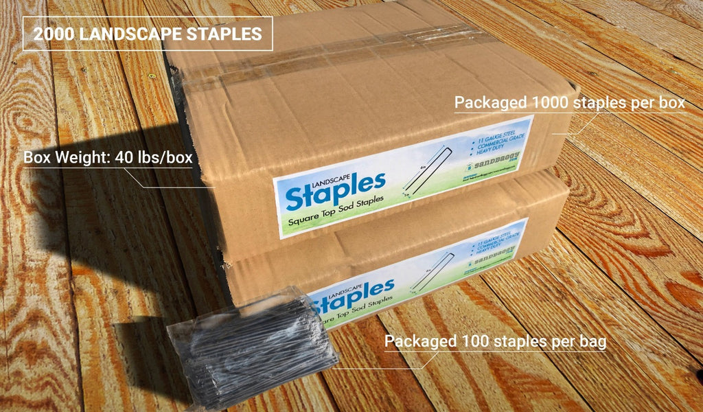 2,000 6-inch Landscape Staples: box weight (40 lbs/box), packaged 1000 staples per box, packaged 100 staples per bag