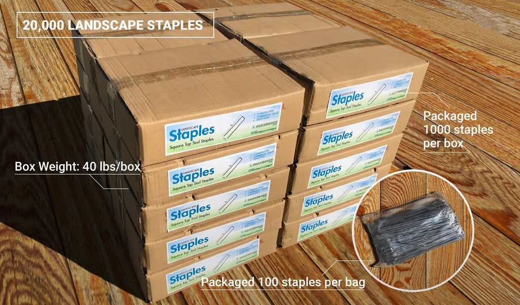 20,000 6-inch Landscape Staples: box weight (40 lbs/box), packaged 1000 staples per box, packaged 100 staples per bag