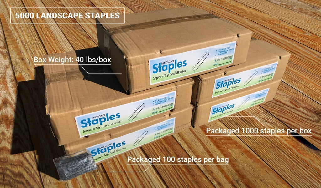 5,000 6-inch Landscape Staples: box weight (40 lbs/box), packaged 1000 staples per box, packaged 100 staples per bag