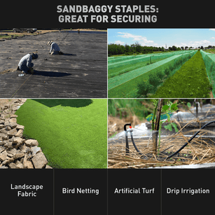 Sandbaggy Garden Staples are great for securing landscape fabric, bird netting, artificial turf, and drip tubing