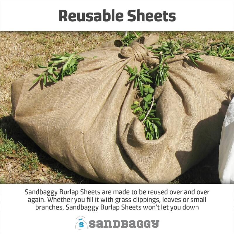 Collecting grass, leaves, and tree clippings with reusable burlap sheets.