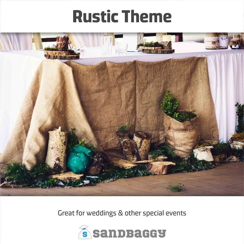 burlap sheets used for rustic themed weddings table decorations
