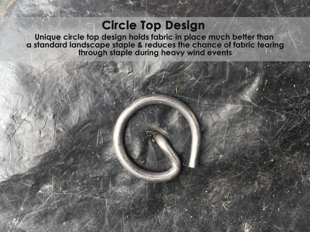Circle Top Design: Unique circle top design holds fabric in place much better than a standard landscape staple and reduces the chance of fabric taering through staple during heavy wind events
