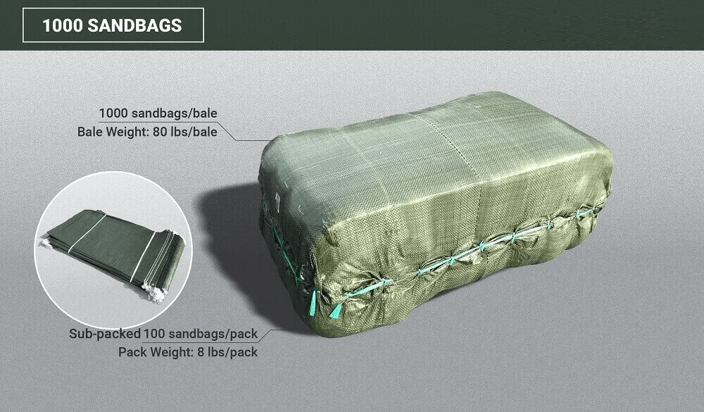 1000 empty green reusable sandbags to prevent flooding made from woven polypropylene and a 50 lb weight capacity