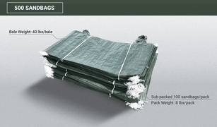 500 empty green reusable sandbags to prevent flooding made from woven polypropylene and a 50 lb weight capacity