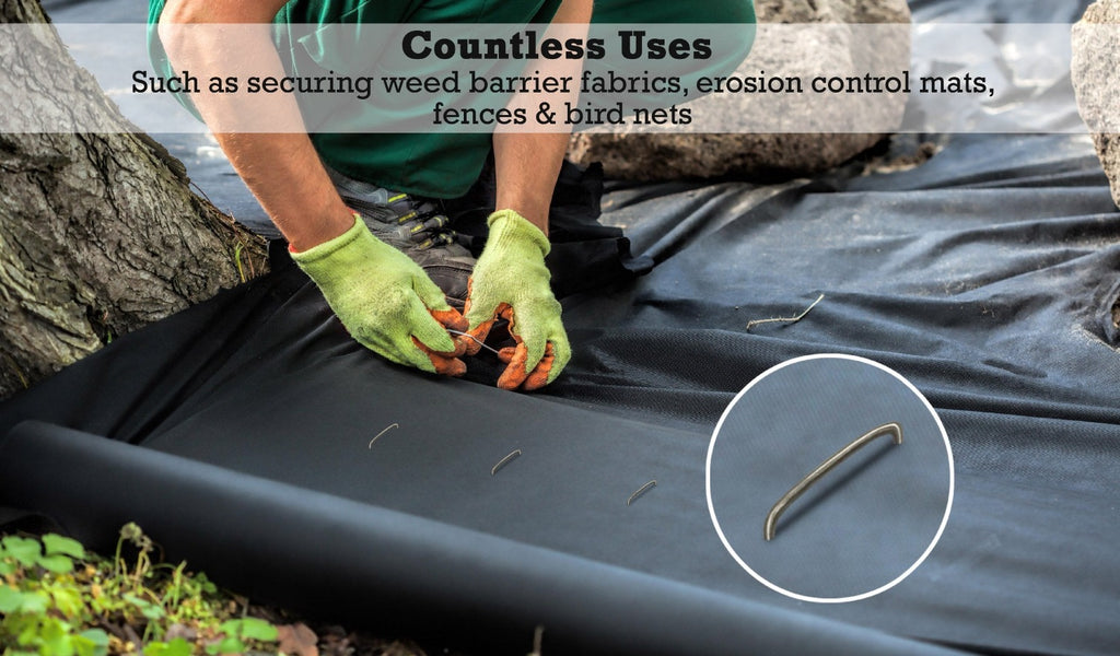 Garden staples have countless uses, such as securing weed barrier fabrics, erosion control mats, fences and bird nets
